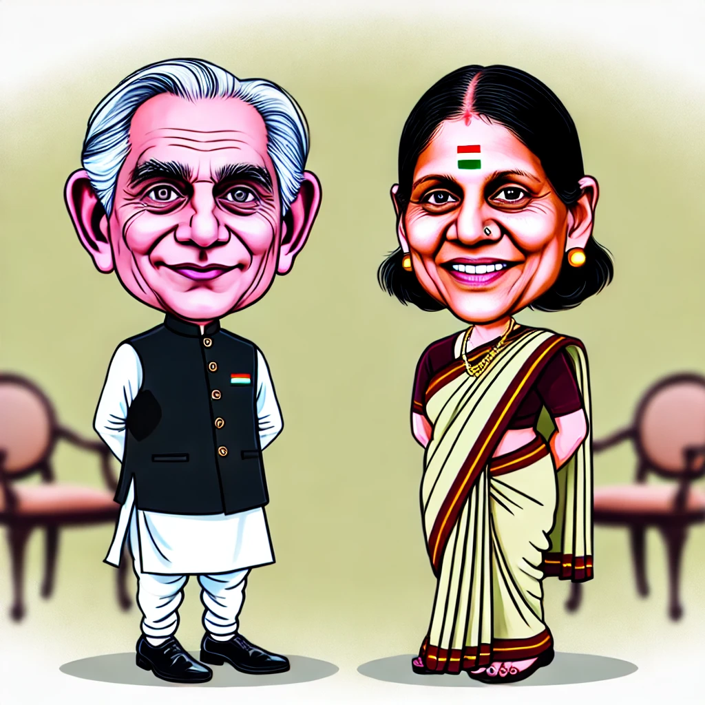 Donald Trump and Kamala Harris as Indian Politicians: AI's Fascinating Take DALL·E 2024 11 04 16.23.00 Create a caricature of two political figures one with Western features and the other with South Asian features dressed in traditional Indian politic