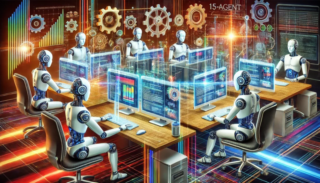 Automating Content Creation with AI: Building a 15-Agent AI System for SEO Agencies DALL·E 2024 11 26 17.07.35 An intricate high resolution digital illustration of AI robots collaborating at sleek computer workstations. They are collectively generating streams